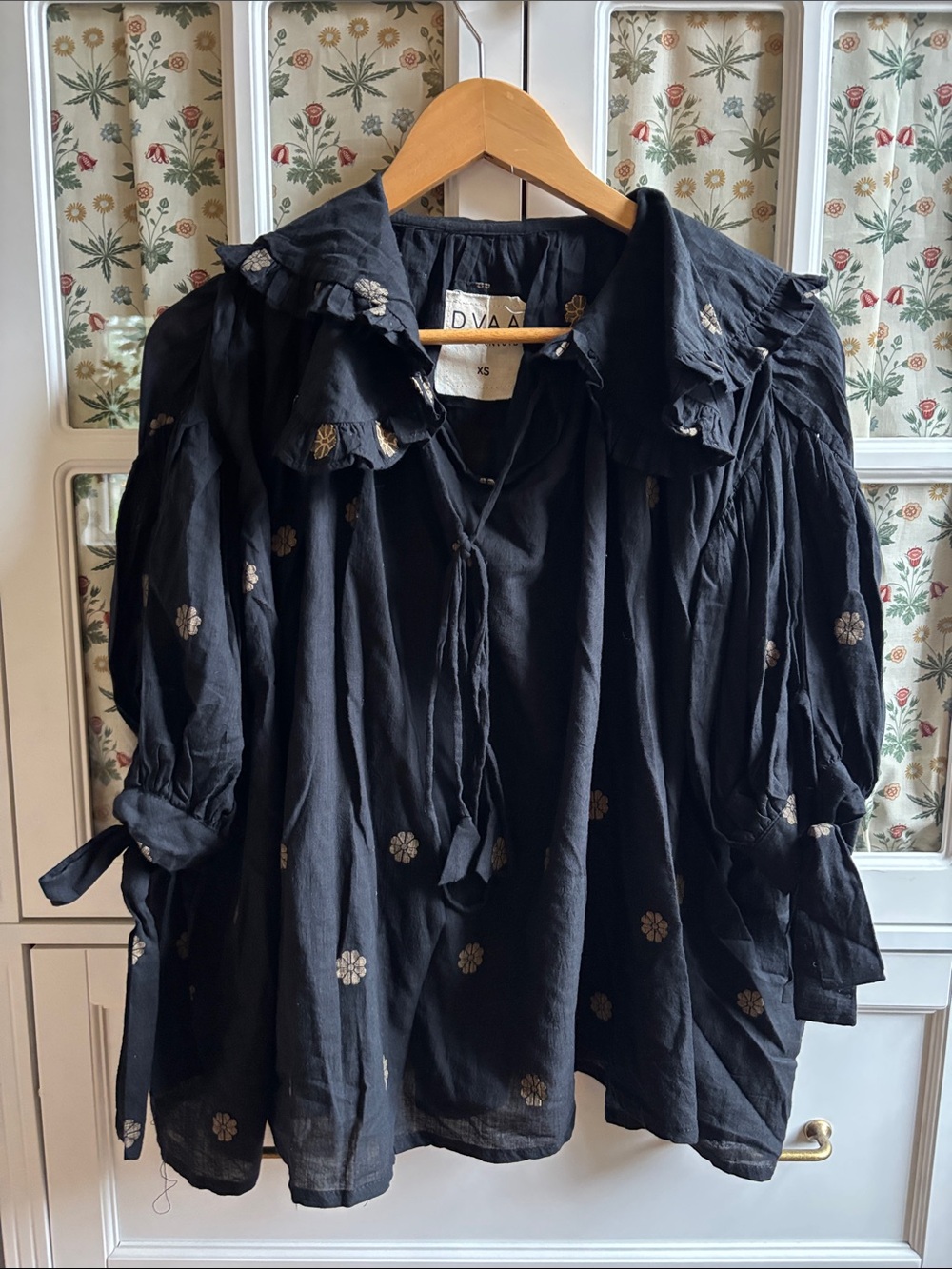 Black Embroidered Ruffle Blouse